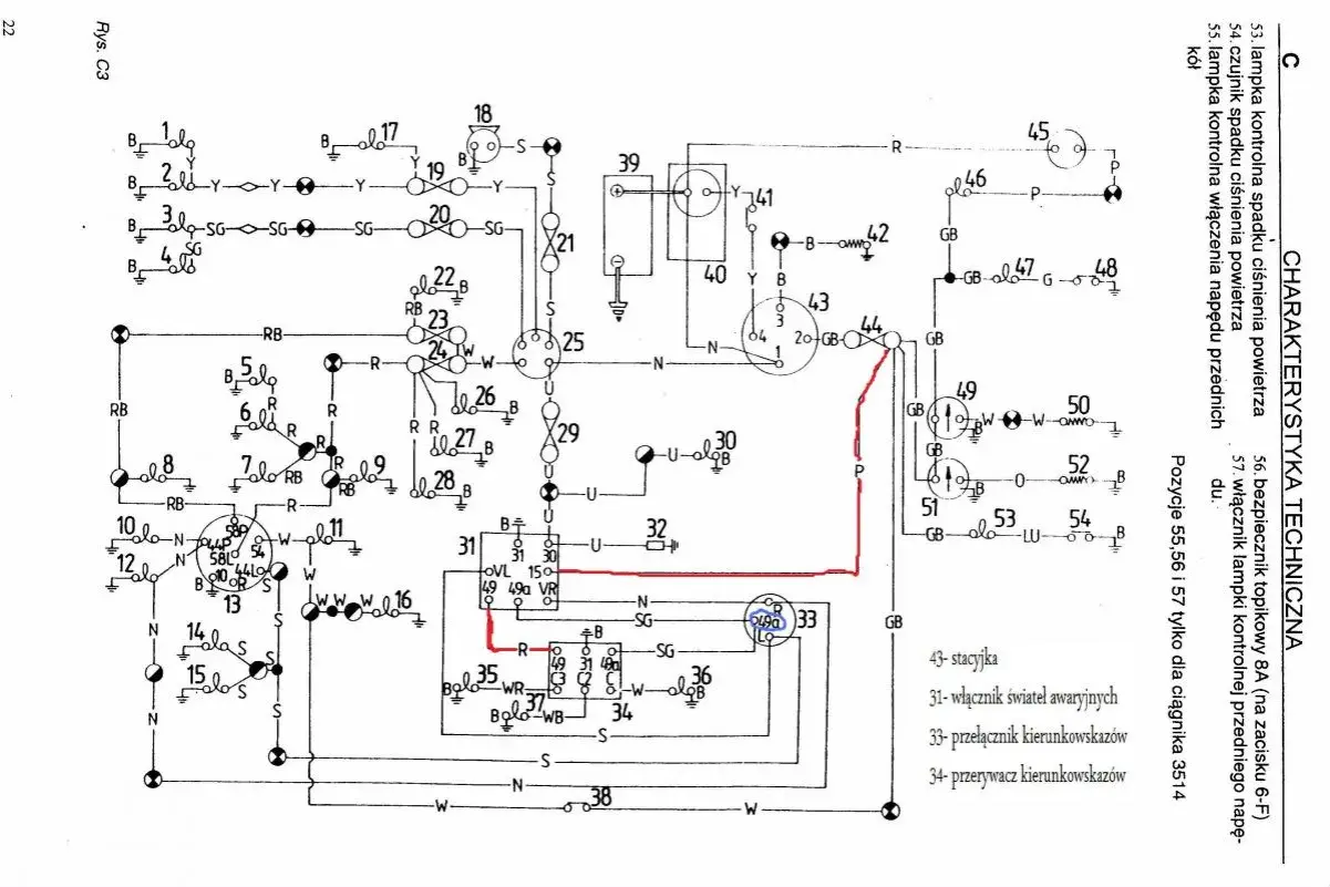 Schemat pokazuje, jak podłączyć przerywacz kierunkowskazów (34) do instalacji elektrycznej ciągnika, uwzględniając inne elementy jak stacyjka (43) i włącznik świateł awaryjnych (31).